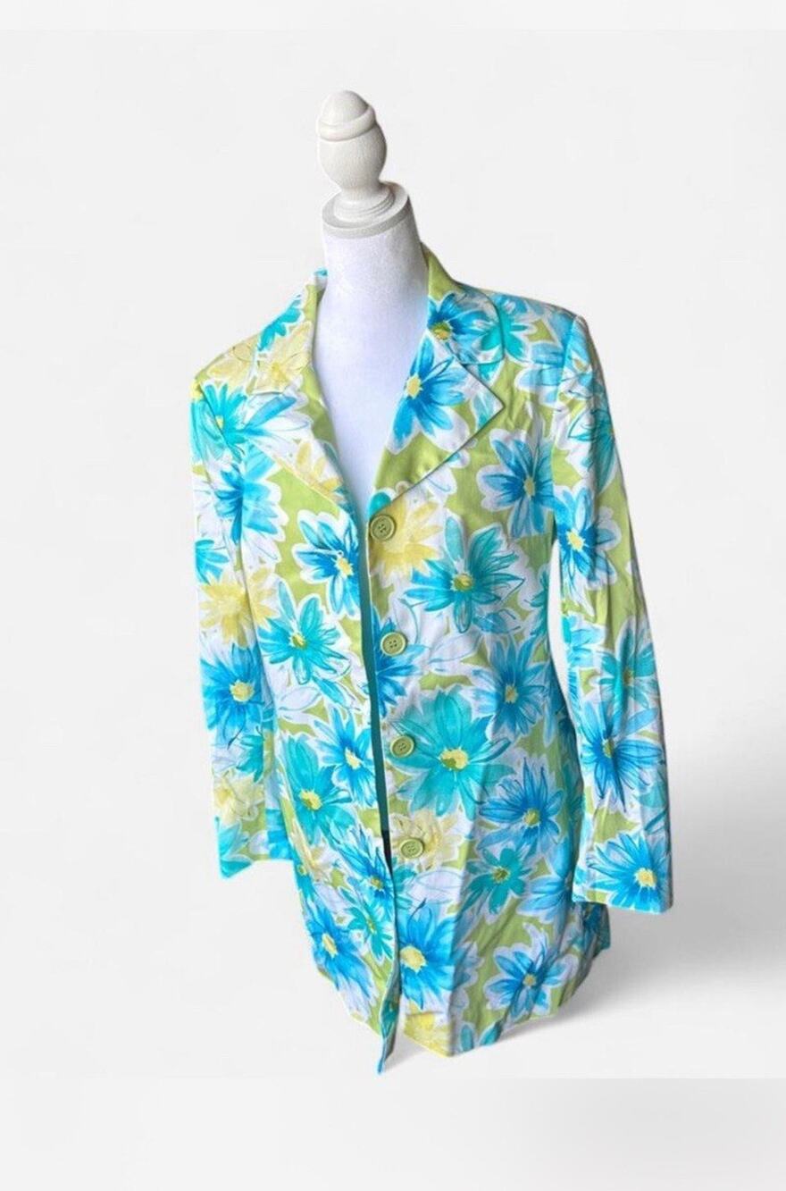 Pierre Cardin Women’s Blue Green Floral Long Button Front Lined Jacket Size 10
